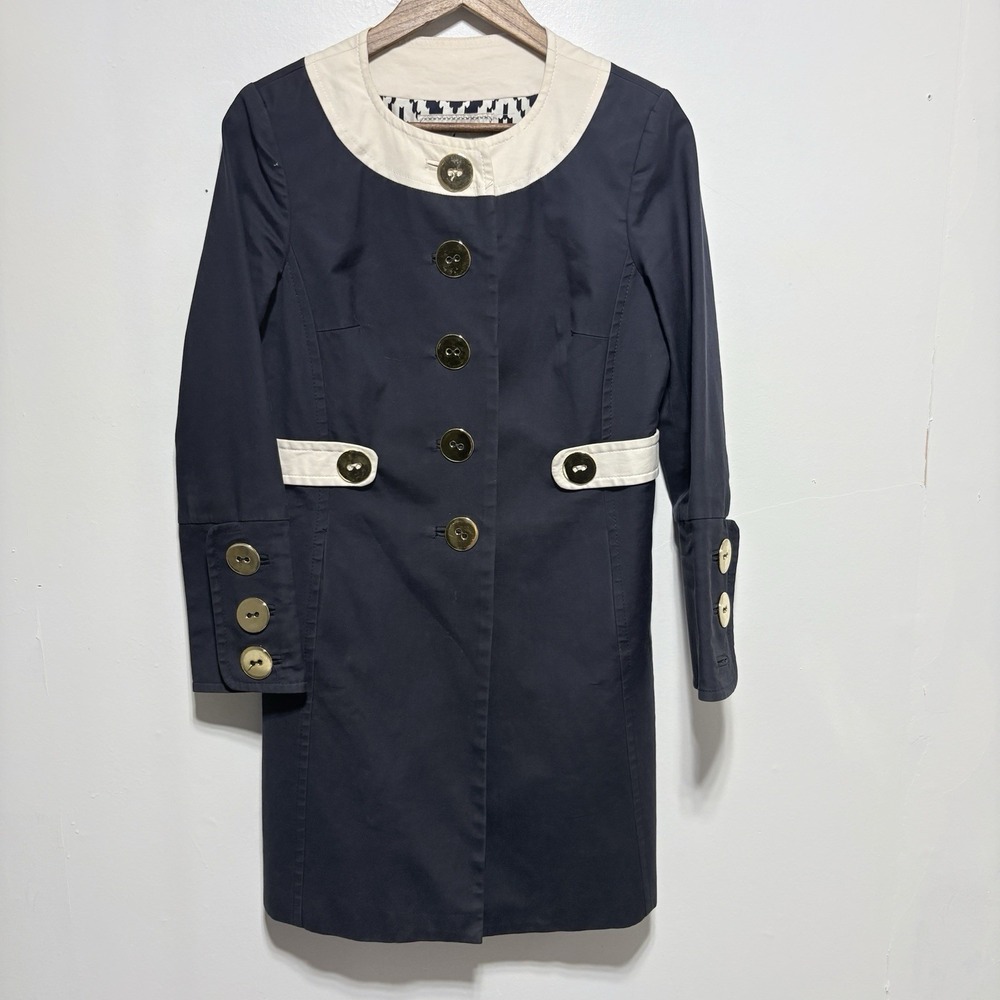 Milly of New York Trench Coat Womens S 4 Navy White Double Breasted Gold Accent